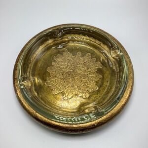 Vtg 9" Florentine Gilt Wood Art Glass‎ Cigar Cigarette Ashtray Gold Floral